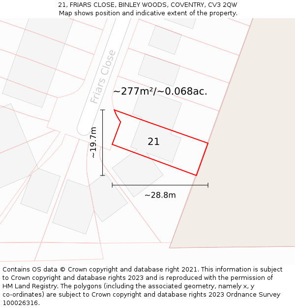 21, FRIARS CLOSE, BINLEY WOODS, COVENTRY, CV3 2QW: Plot and title map