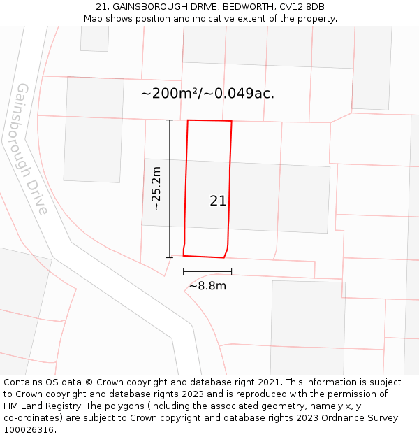 21, GAINSBOROUGH DRIVE, BEDWORTH, CV12 8DB: Plot and title map