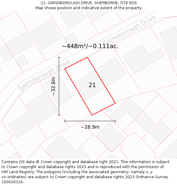 21, GAINSBOROUGH DRIVE, SHERBORNE, DT9 6DS: Plot and title map