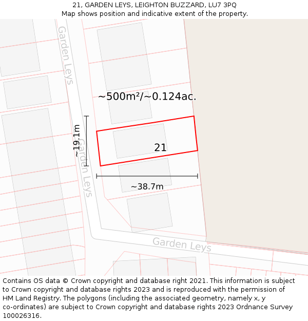 21, GARDEN LEYS, LEIGHTON BUZZARD, LU7 3PQ: Plot and title map