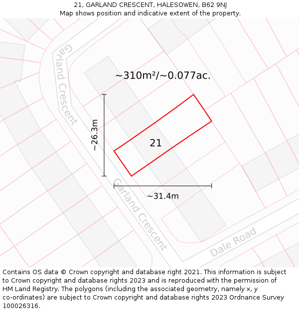 21, GARLAND CRESCENT, HALESOWEN, B62 9NJ: Plot and title map