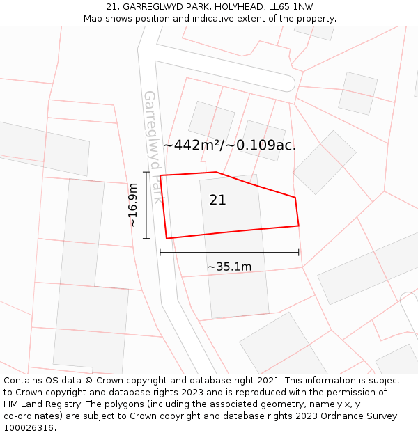 21, GARREGLWYD PARK, HOLYHEAD, LL65 1NW: Plot and title map