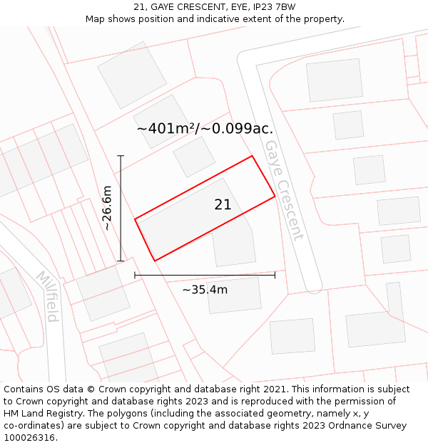 21, GAYE CRESCENT, EYE, IP23 7BW: Plot and title map