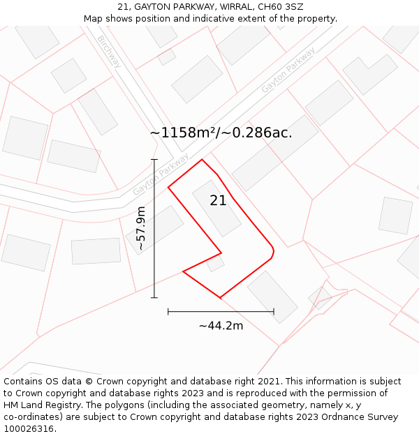 21, GAYTON PARKWAY, WIRRAL, CH60 3SZ: Plot and title map