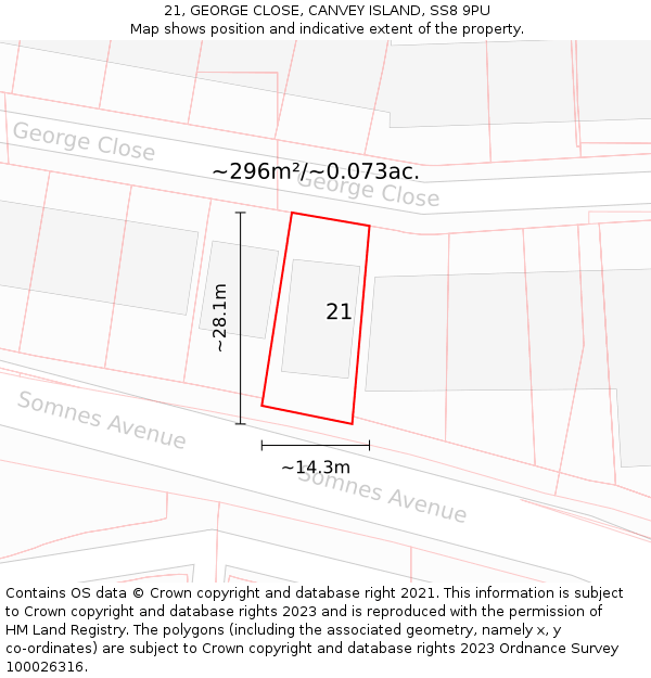 21, GEORGE CLOSE, CANVEY ISLAND, SS8 9PU: Plot and title map