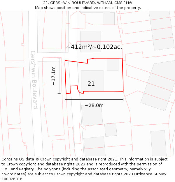 21, GERSHWIN BOULEVARD, WITHAM, CM8 1HW: Plot and title map