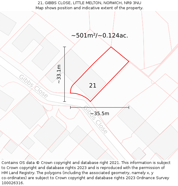 21, GIBBS CLOSE, LITTLE MELTON, NORWICH, NR9 3NU: Plot and title map