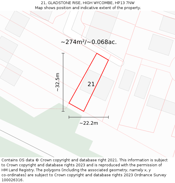 21, GLADSTONE RISE, HIGH WYCOMBE, HP13 7NW: Plot and title map