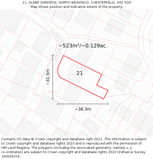 21, GLEBE GARDENS, NORTH WINGFIELD, CHESTERFIELD, S42 5GG: Plot and title map