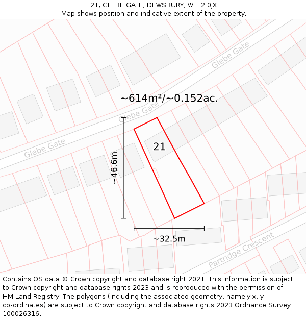 21, GLEBE GATE, DEWSBURY, WF12 0JX: Plot and title map