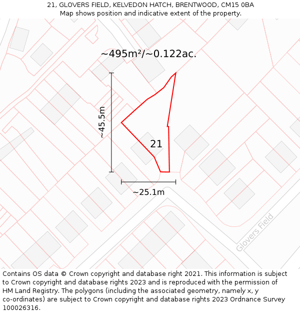 21, GLOVERS FIELD, KELVEDON HATCH, BRENTWOOD, CM15 0BA: Plot and title map