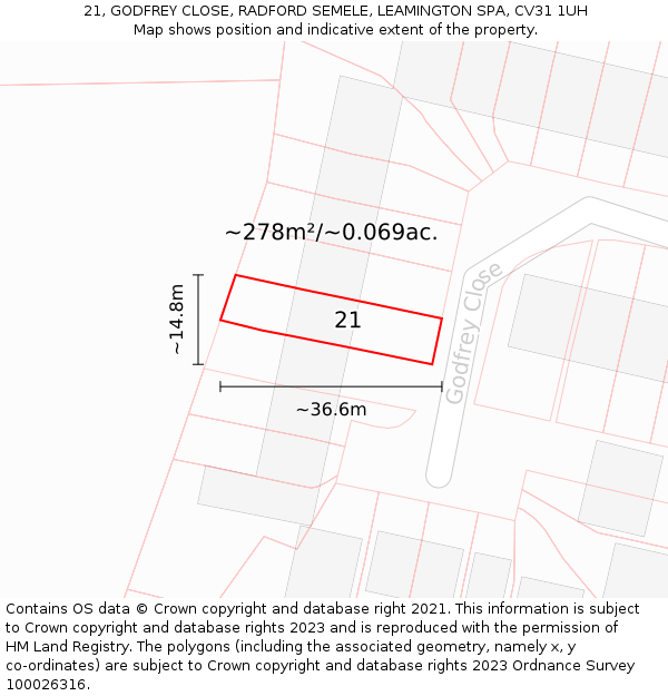 21, GODFREY CLOSE, RADFORD SEMELE, LEAMINGTON SPA, CV31 1UH: Plot and title map