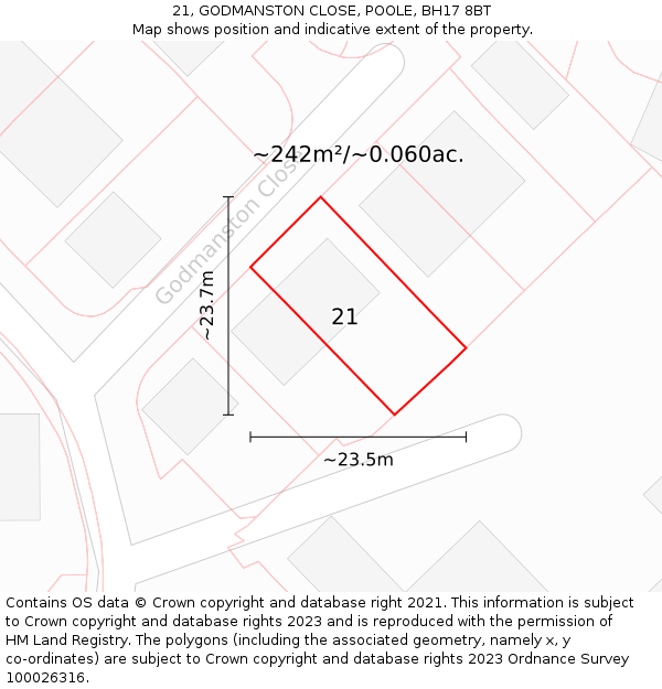 21, GODMANSTON CLOSE, POOLE, BH17 8BT: Plot and title map