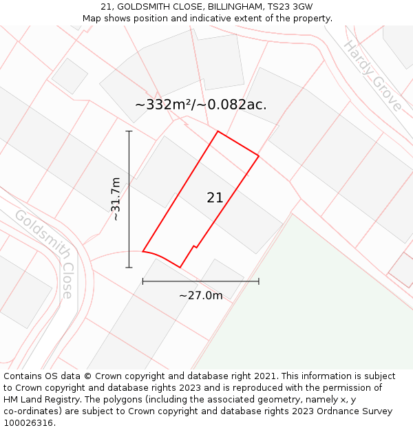 21, GOLDSMITH CLOSE, BILLINGHAM, TS23 3GW: Plot and title map