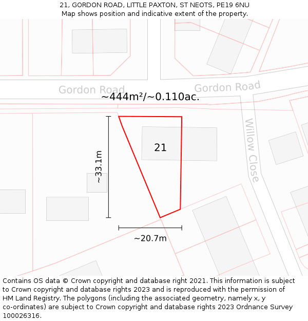 21, GORDON ROAD, LITTLE PAXTON, ST NEOTS, PE19 6NU: Plot and title map