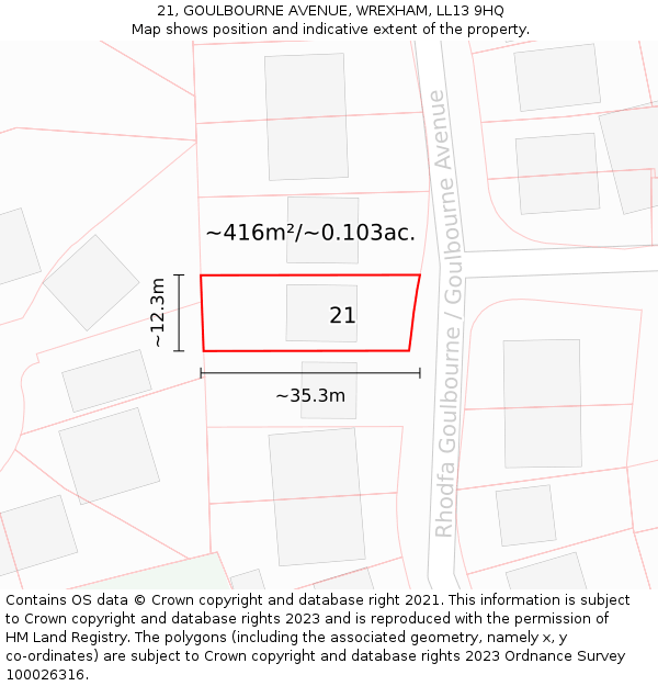 21, GOULBOURNE AVENUE, WREXHAM, LL13 9HQ: Plot and title map