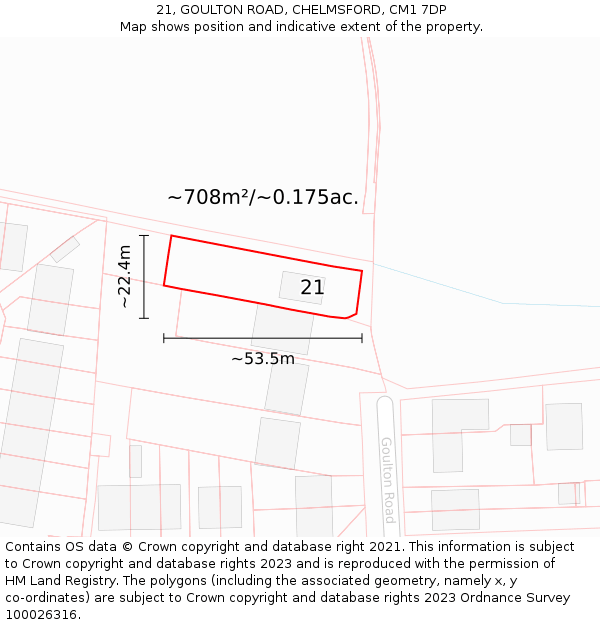 21, GOULTON ROAD, CHELMSFORD, CM1 7DP: Plot and title map