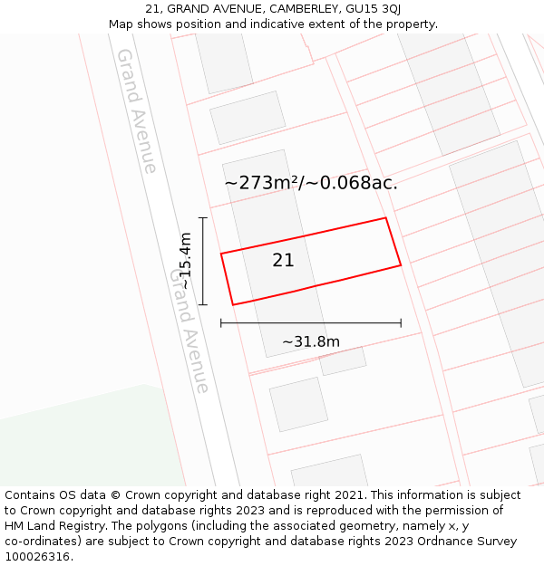 21, GRAND AVENUE, CAMBERLEY, GU15 3QJ: Plot and title map