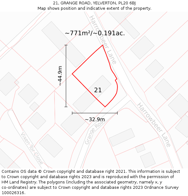 21, GRANGE ROAD, YELVERTON, PL20 6BJ: Plot and title map