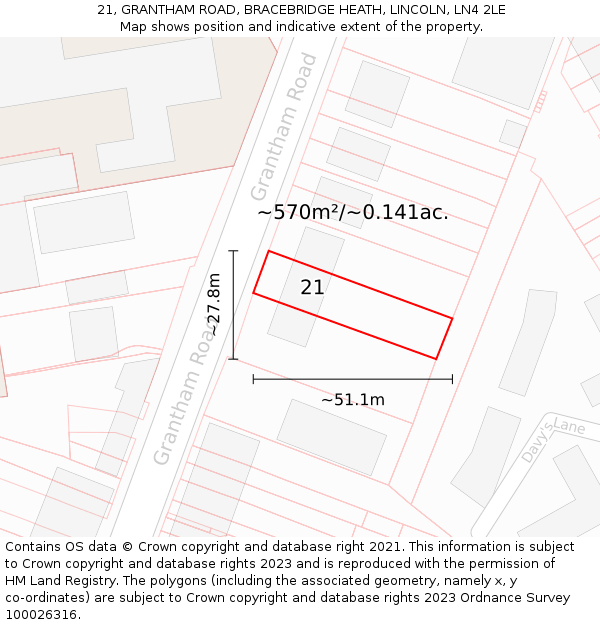 21, GRANTHAM ROAD, BRACEBRIDGE HEATH, LINCOLN, LN4 2LE: Plot and title map