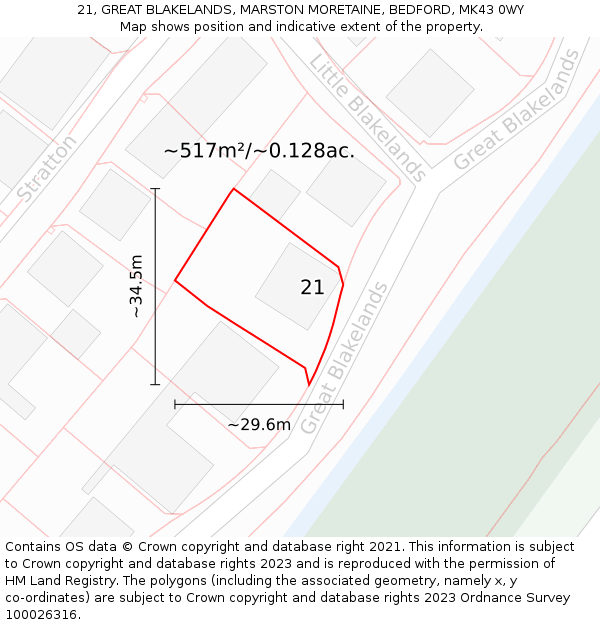 21, GREAT BLAKELANDS, MARSTON MORETAINE, BEDFORD, MK43 0WY: Plot and title map