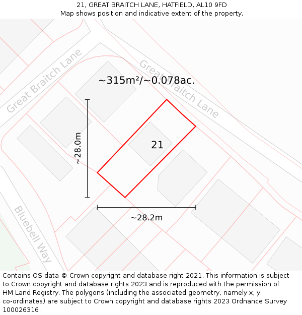 21, GREAT BRAITCH LANE, HATFIELD, AL10 9FD: Plot and title map