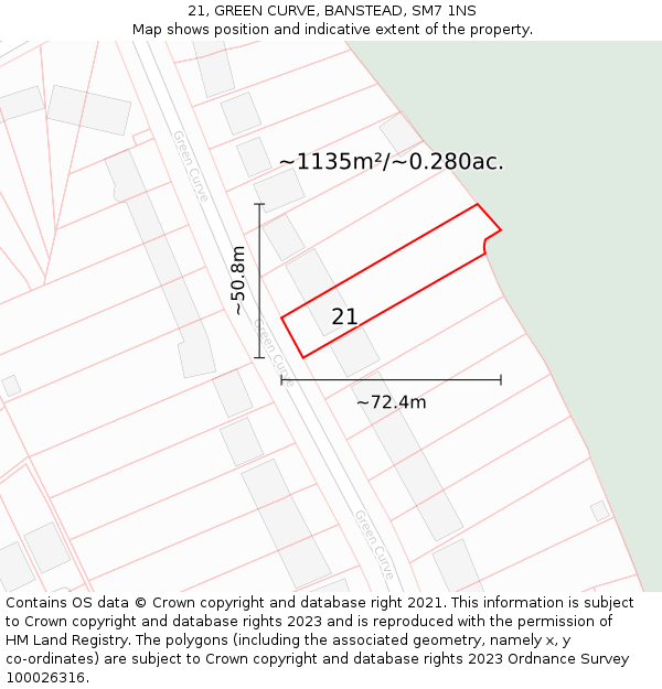 21, GREEN CURVE, BANSTEAD, SM7 1NS: Plot and title map