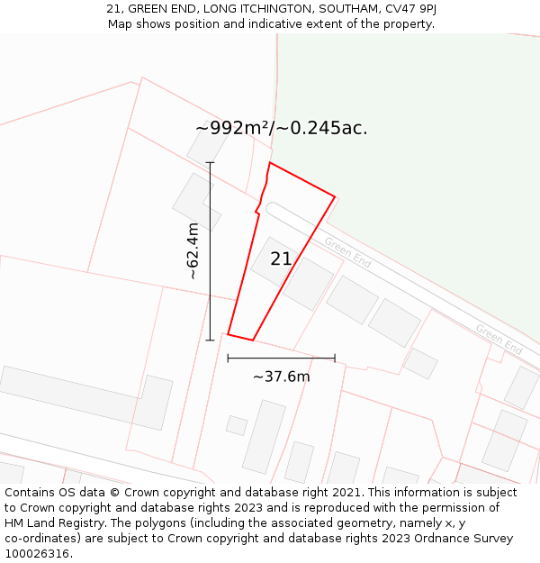 21, GREEN END, LONG ITCHINGTON, SOUTHAM, CV47 9PJ: Plot and title map