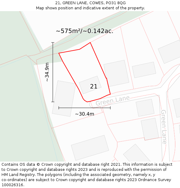 21, GREEN LANE, COWES, PO31 8QG: Plot and title map