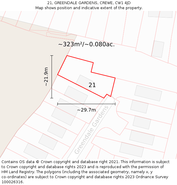 21, GREENDALE GARDENS, CREWE, CW1 4JD: Plot and title map