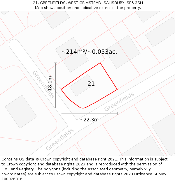 21, GREENFIELDS, WEST GRIMSTEAD, SALISBURY, SP5 3SH: Plot and title map