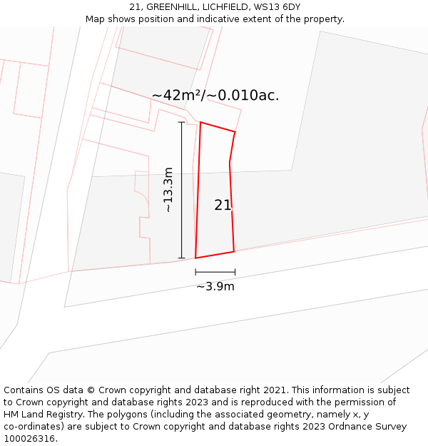 21, GREENHILL, LICHFIELD, WS13 6DY: Plot and title map