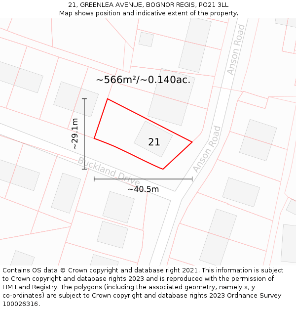 21, GREENLEA AVENUE, BOGNOR REGIS, PO21 3LL: Plot and title map