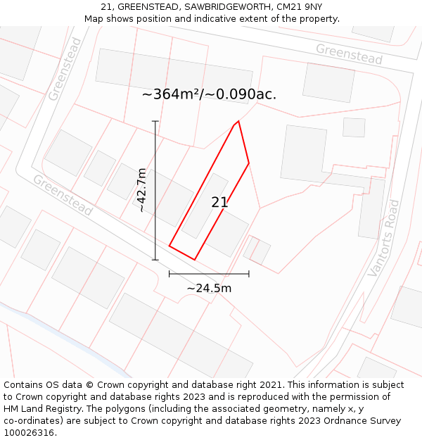 21, GREENSTEAD, SAWBRIDGEWORTH, CM21 9NY: Plot and title map