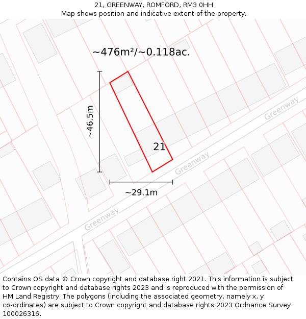 21, GREENWAY, ROMFORD, RM3 0HH: Plot and title map
