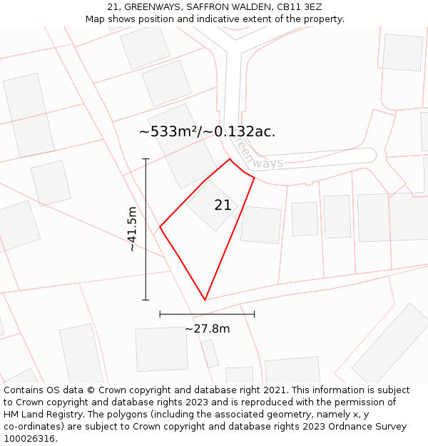 21, GREENWAYS, SAFFRON WALDEN, CB11 3EZ: Plot and title map