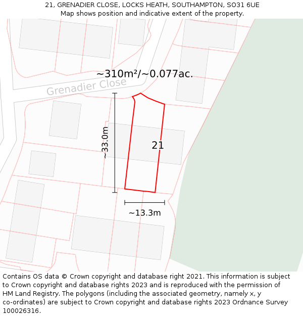 21, GRENADIER CLOSE, LOCKS HEATH, SOUTHAMPTON, SO31 6UE: Plot and title map