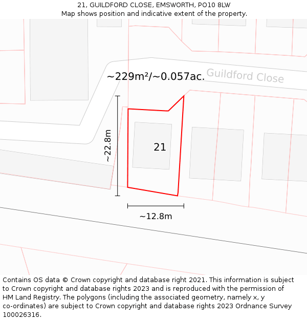 21, GUILDFORD CLOSE, EMSWORTH, PO10 8LW: Plot and title map