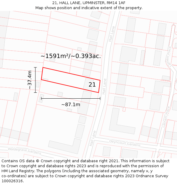 21, HALL LANE, UPMINSTER, RM14 1AF: Plot and title map