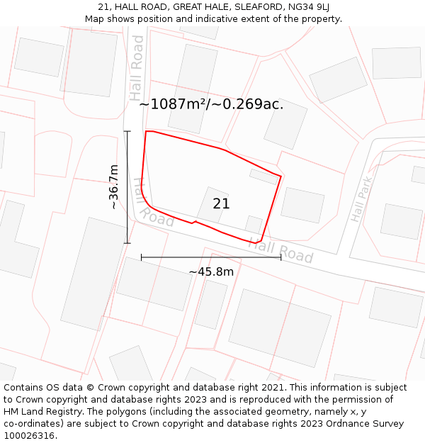 21, HALL ROAD, GREAT HALE, SLEAFORD, NG34 9LJ: Plot and title map