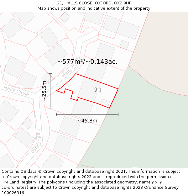 21, HALLS CLOSE, OXFORD, OX2 9HR: Plot and title map