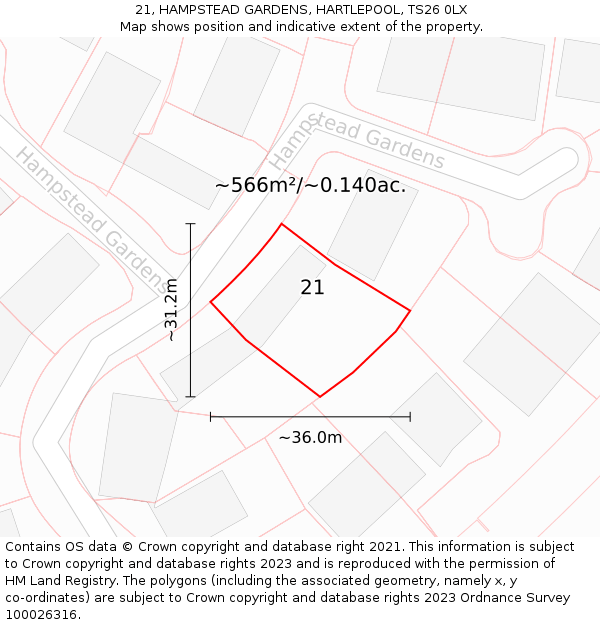 21, HAMPSTEAD GARDENS, HARTLEPOOL, TS26 0LX: Plot and title map