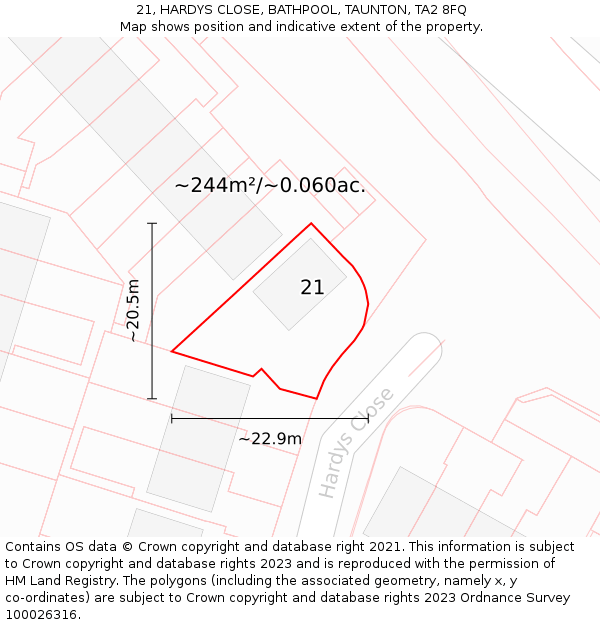21, HARDYS CLOSE, BATHPOOL, TAUNTON, TA2 8FQ: Plot and title map