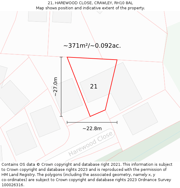 21, HAREWOOD CLOSE, CRAWLEY, RH10 8AL: Plot and title map