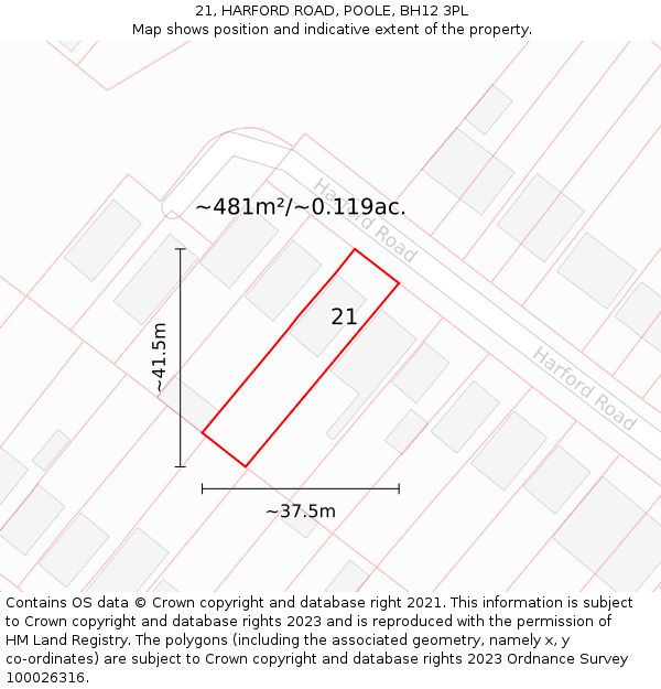 21, HARFORD ROAD, POOLE, BH12 3PL: Plot and title map