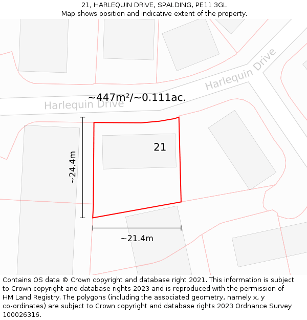 21, HARLEQUIN DRIVE, SPALDING, PE11 3GL: Plot and title map