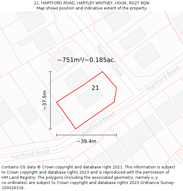 21, HARTFORD ROAD, HARTLEY WINTNEY, HOOK, RG27 8QW: Plot and title map