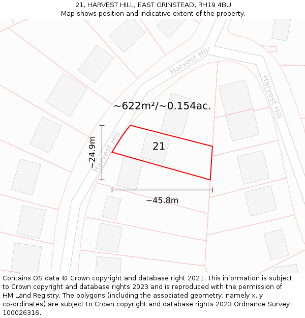 21, HARVEST HILL, EAST GRINSTEAD, RH19 4BU: Plot and title map