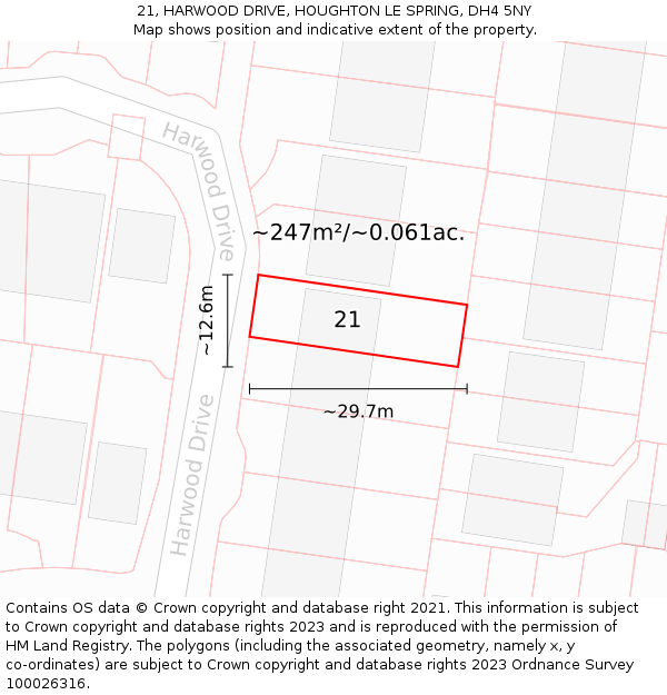 21, HARWOOD DRIVE, HOUGHTON LE SPRING, DH4 5NY: Plot and title map