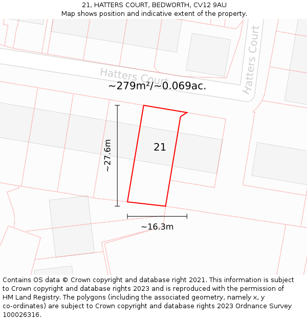 21, HATTERS COURT, BEDWORTH, CV12 9AU: Plot and title map